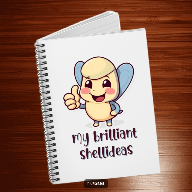 Funny mussel notebook with a smiling character giving a thumbs up, perfect for writing and humor.