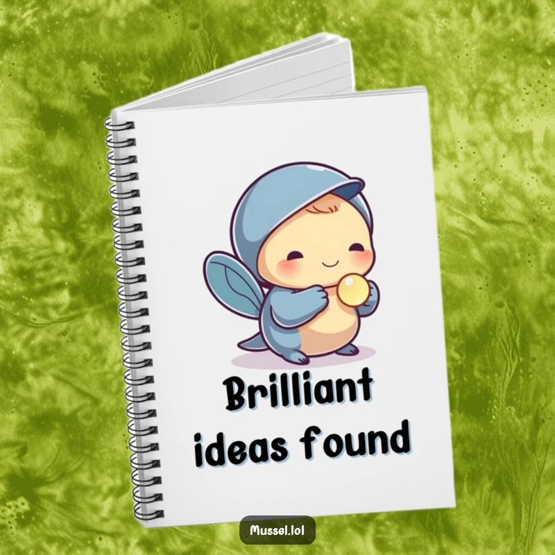 Funny notebook with a mussel character holding a small, shiny pearl, perfect for jotting down thoughts with elegant flair.