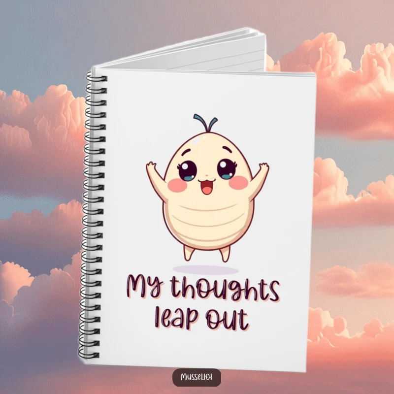 Funny plump mussel character with wide eyes jumping with pure excitement, a fun and functional notebook.