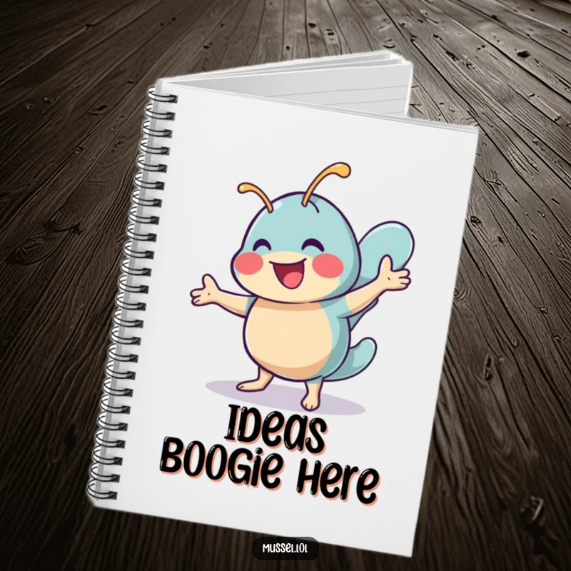 Funny notebook with a cheerful mussel character doing a lively shimmy dance, perfect for jotting down ideas with energetic flair.