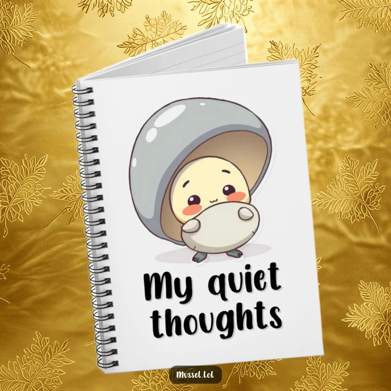 Funny shy mussel character peeking from behind a larger mussel, featured on a notebook for humorous note-taking.