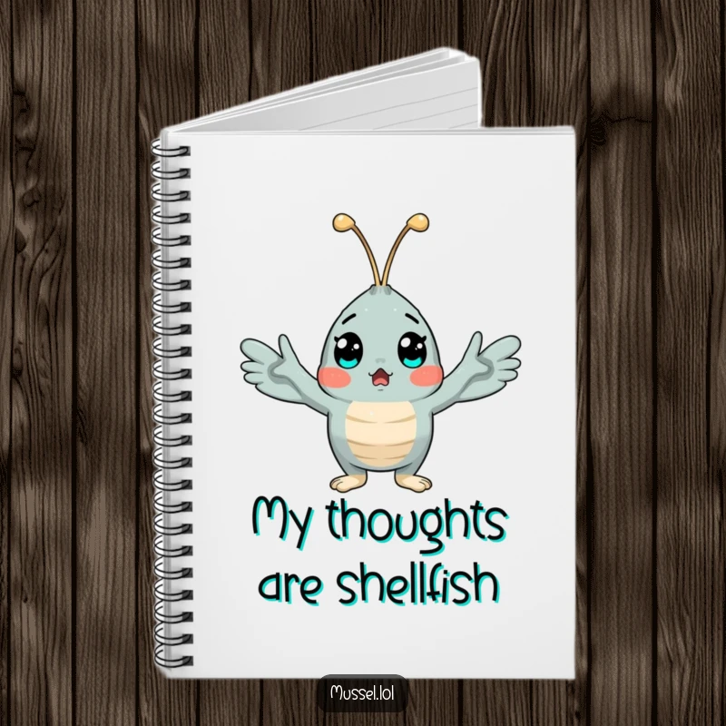 Funny notebook with a surprised mussel character on the cover, arms open in a comical expression of shock, perfect for note-taking.