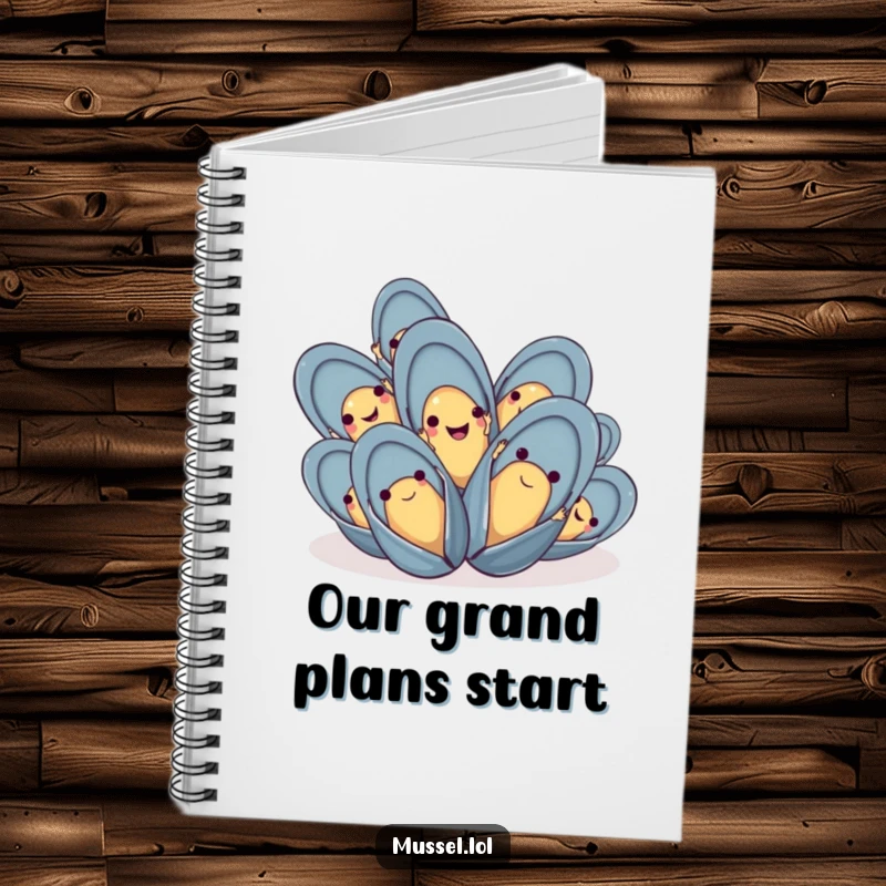 Funny mussel notebook with a group of happy mussels waving their tiny hands, perfect for writing and joy.