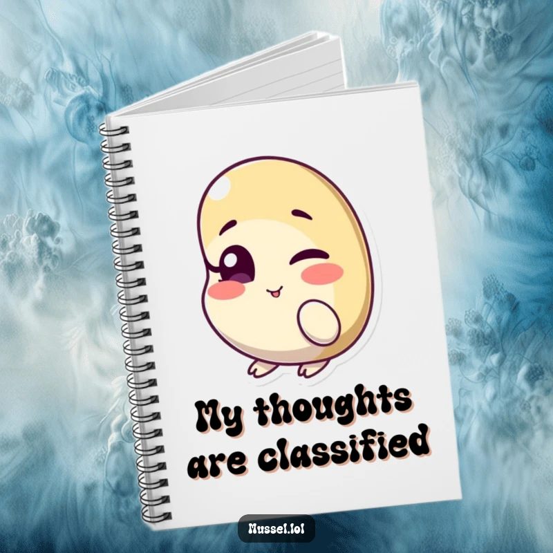 Funny notebook with a mussel character winking with one eye slightly ajar, perfect for jotting down thoughts with playful flair.