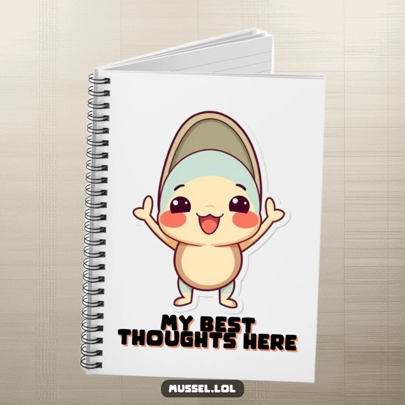 Funny mussel notebook with a character in a proud, silly pose with its shell open, perfect for ideas.