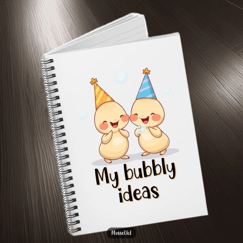 Funny notebook cover with two chubby mussels in party hats, holding bubbles and giggling, perfect for jotting down fun ideas.