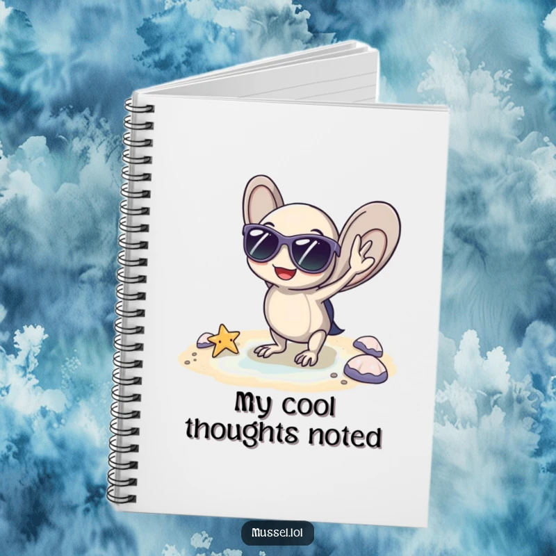 Funny notebook with a mussel wearing sunglasses, posing coolly by a tiny beach, perfect for jotting beach ideas, a funny gift.