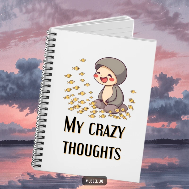 Funny notebook featuring a mussel laughing while watching tiny fish swim in a circle, encouraging cheerful and humorous writing.