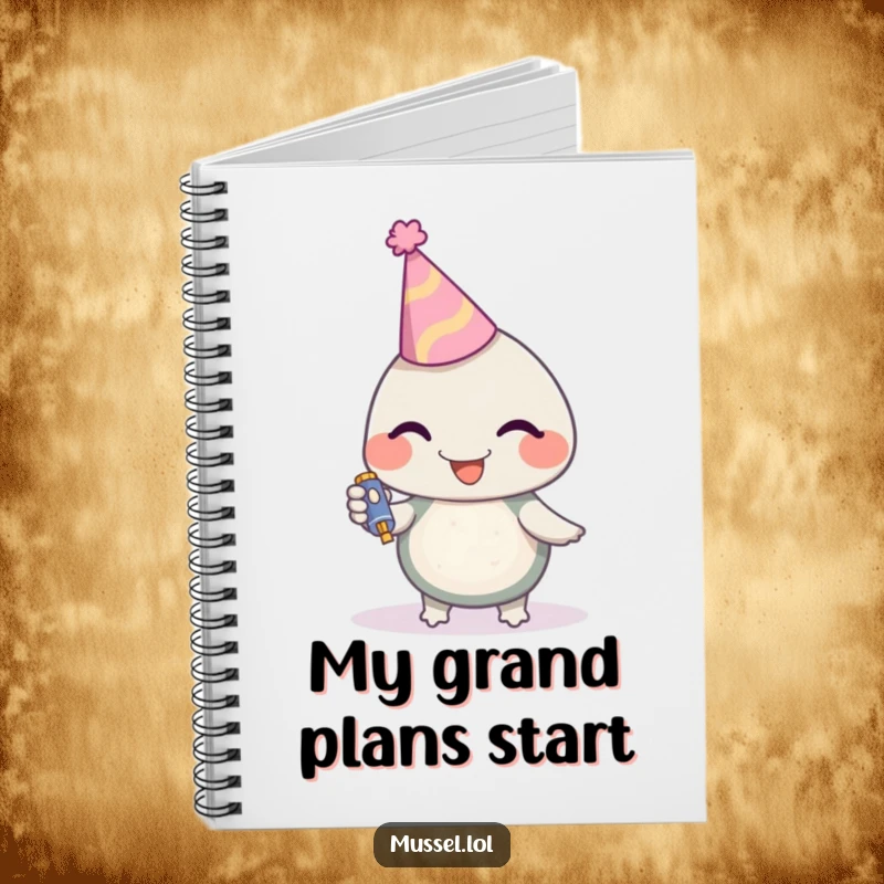 Funny Mussel Notebook with a party mussel character holding a noisemaker and wearing a hat, ready to capture brilliant ideas, a perfect funny gift.