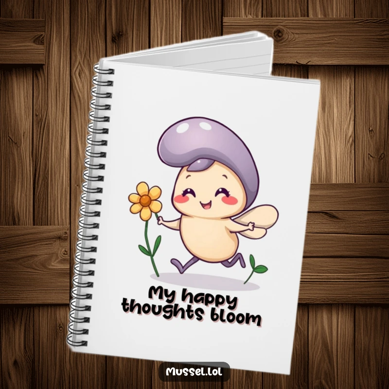 Funny Mussel Flower Notebook: A mussel character with comically tiny legs runs joyfully holding a flower, a humorous journal.