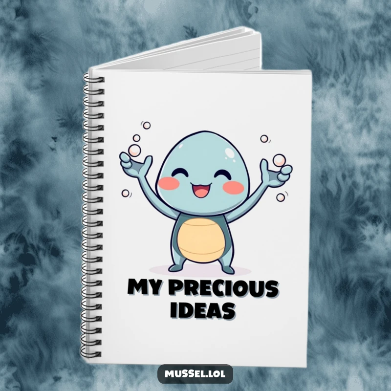 Funny notebook cover with a giggling mussel character juggling tiny pearls, great for jotting down happy thoughts.
