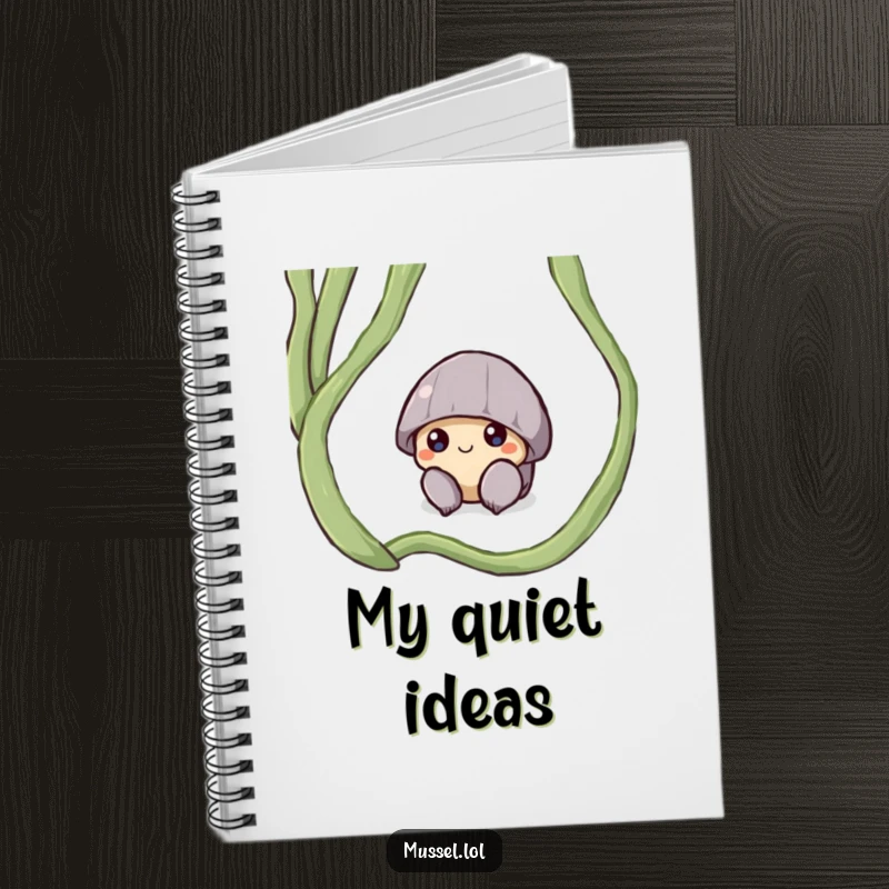 Funny notebook cover with a shy mussel character peeking from under a seaweed frond, ideal for journaling.