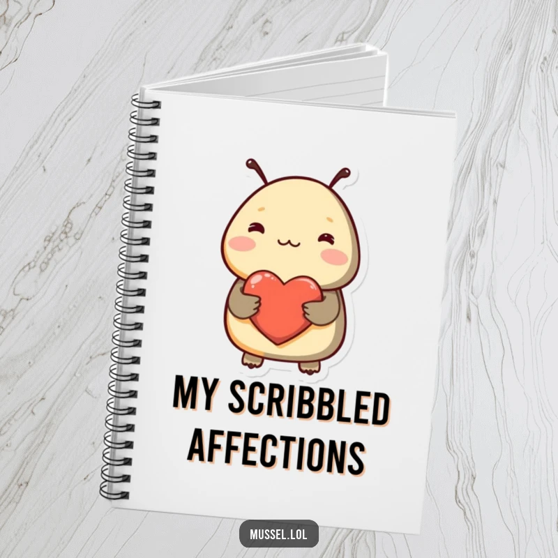 Funny notebook with a shy mussel blushing and holding a heart, encouraging heartfelt writing and romantic note-taking.