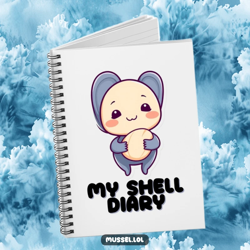 Funny mussel character with a shy grin, holding a seashell, on the cover of a notebook, for gentle note-takers.