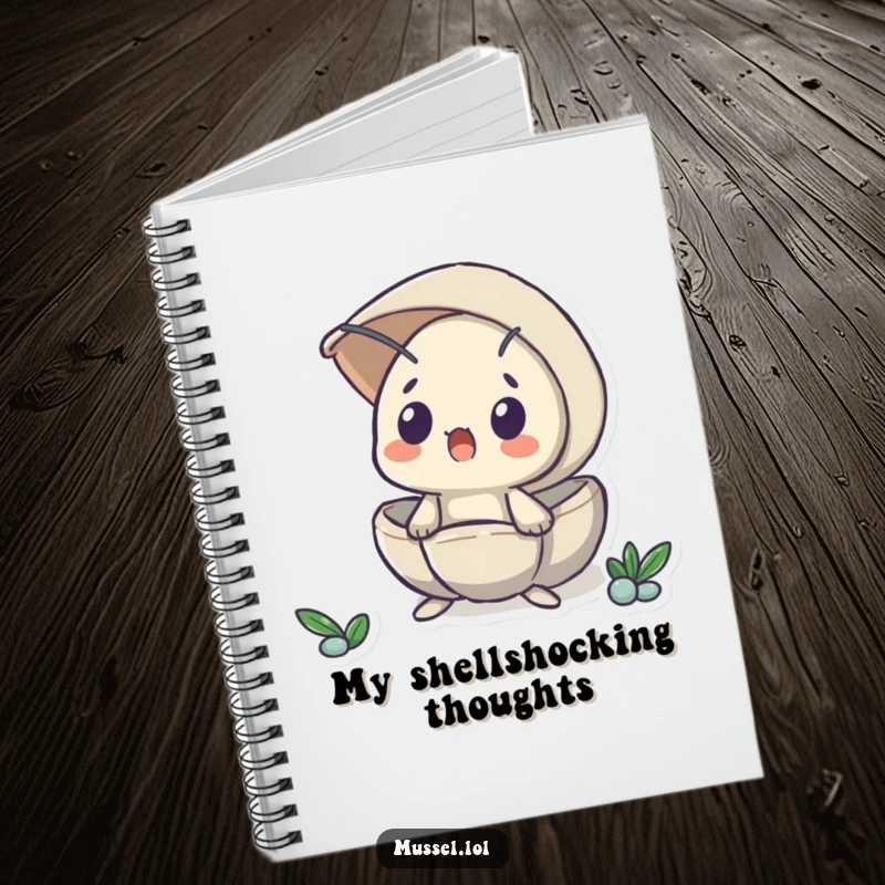 Funny notebook with a mussel peeking from its shell in surprise, encouraging note-taking on sudden ideas and unexpected thoughts.