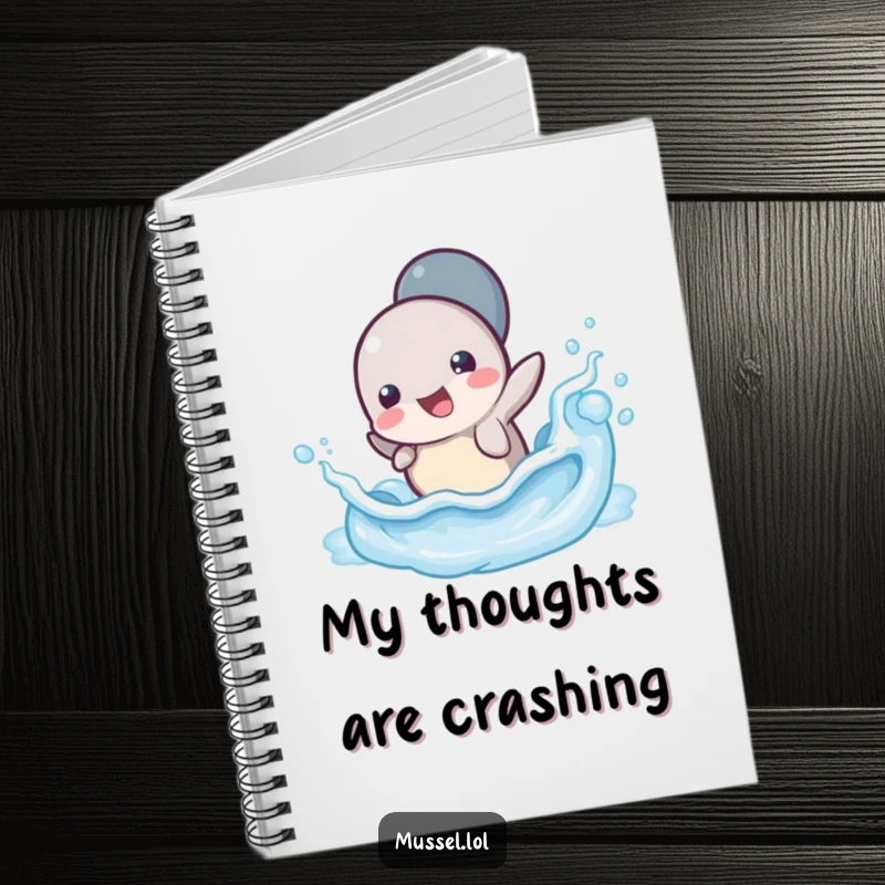 Funny Mussel Wave Splash Notebook: A lined notebook featuring a mussel character splashing playfully in a tiny ocean wave, perfect for journaling.