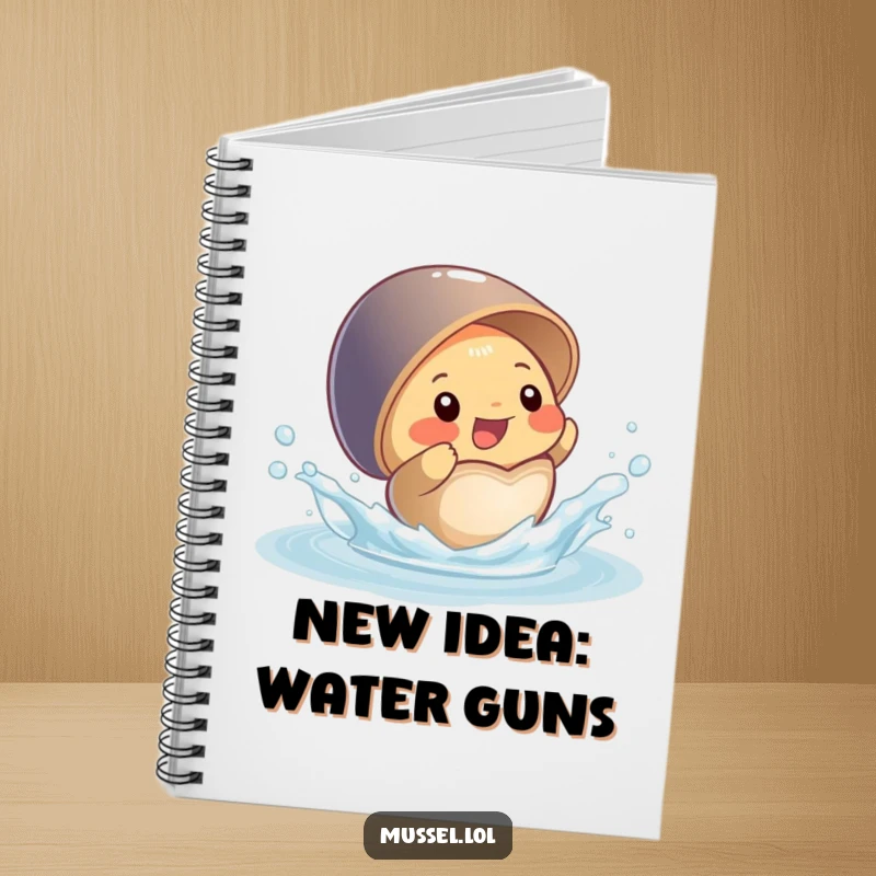Funny notebook cover showing a joyful mussel character splashing water from its open shell, a humorous stationery item.