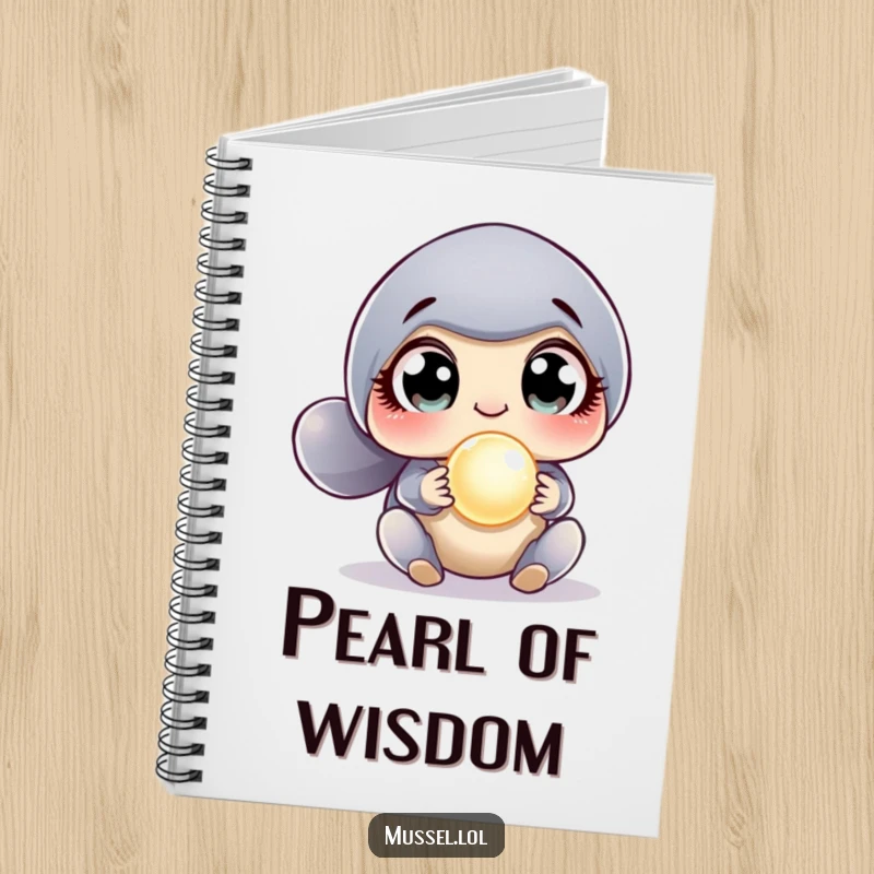 Funny Surprised Mussel Notebook featuring a mussel with comical, wide eyes discovering a twinkling pearl, designed to spark creative thoughts.