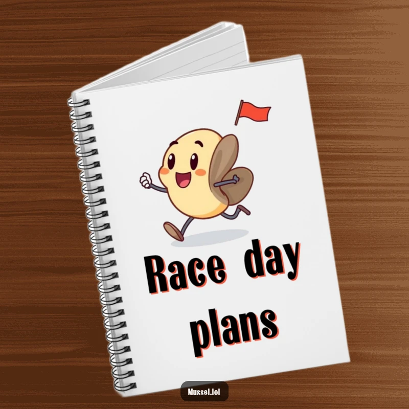 Funny mussel character, legs running, holding a flag, on the cover of a notebook, perfect for planners and note-takers.