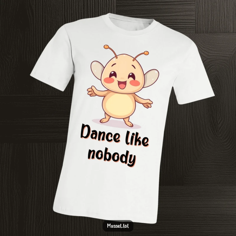 Funny Kawaii Mussel T-Shirt: A cute mussel character does a joyful wiggle dance, showcasing its infectious enthusiasm.