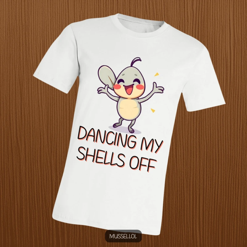 Funny Mussel Groover T-Shirt: A mussel character doing a silly, energetic dance with its shells, radiating pure fun.
