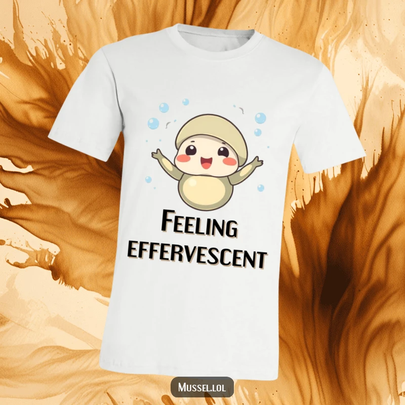 Funny t-shirt depicting a happy mussel character raising a toast, surrounded by rising bubbles, a cheerful and celebratory design.