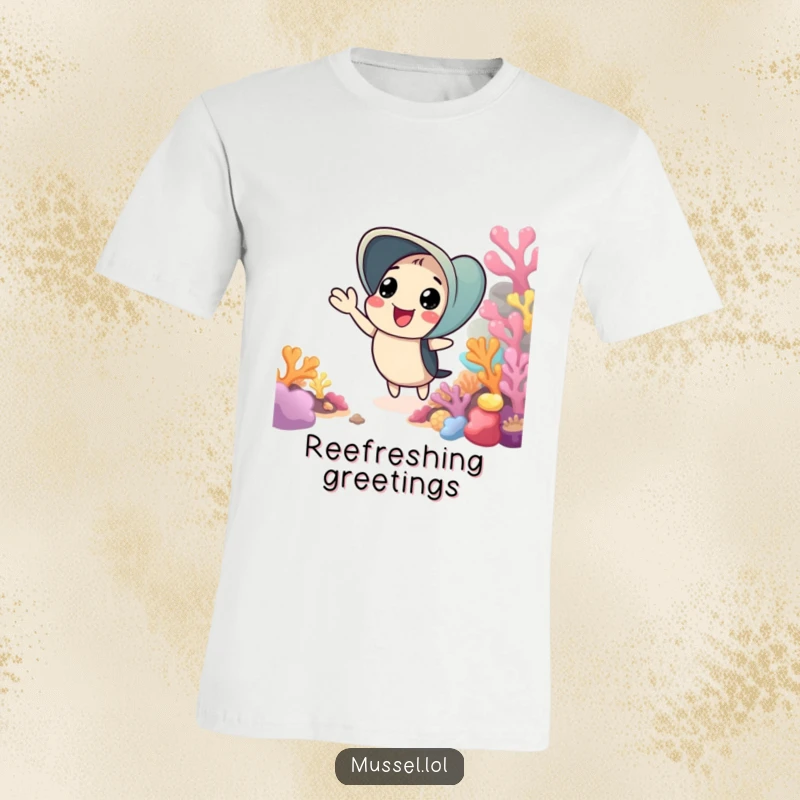 Funny t-shirt depicting a mussel giving a cheerful wave from its home in a vibrant, colorful coral reef environment.
