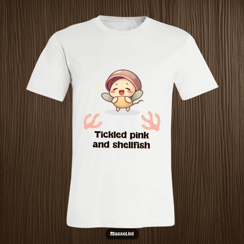 Funny mussel t-shirt showing a character giggling while tickled by a sea anemone, perfect for beach lovers and as a funny gift.