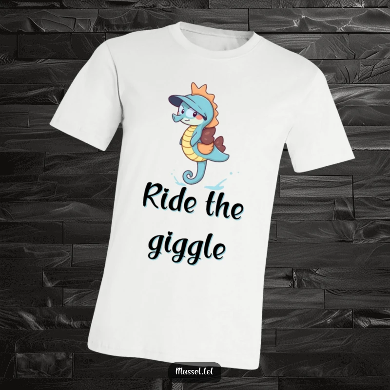 Funny Giggling Mussel T-Shirt featuring a mussel joyfully giggling atop a friendly blue seahorse, conveying a sense of lighthearted underwater exploration.