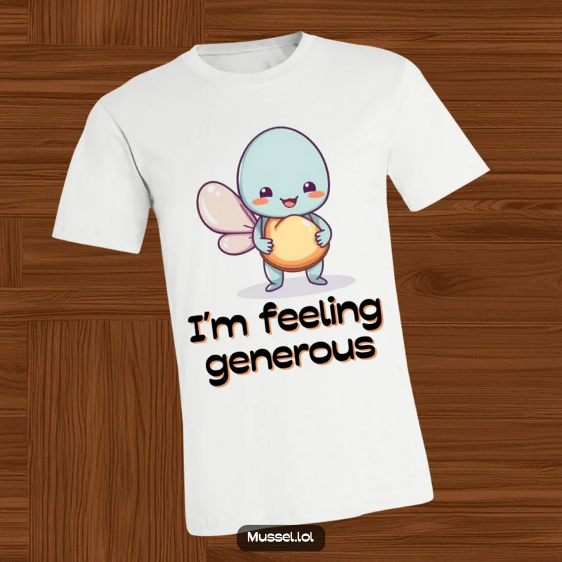 Funny Mussel T-Shirt showing a cute mussel friend offering a shell, a humorous and heartwarming design for gifts.