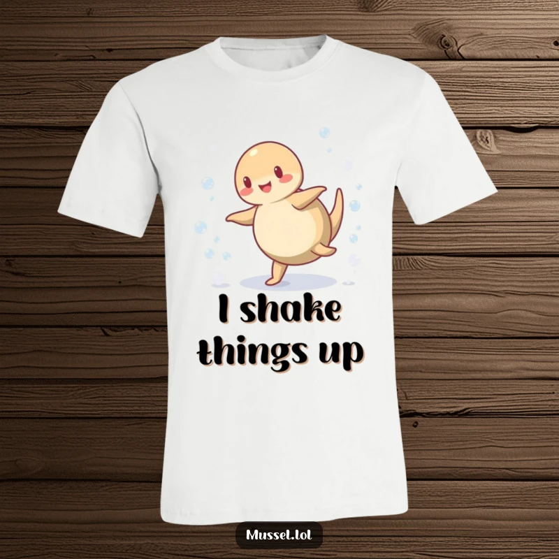 Funny Mussel T-Shirt: A comical mussel performing a cartwheel with energetic bubbles, showcasing zest for life and aquatic amusement.