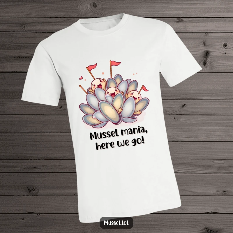 Funny Mussel Dance T-Shirt: A mussel character energetically dancing and shaking its shells, a fantastic and funny gift.