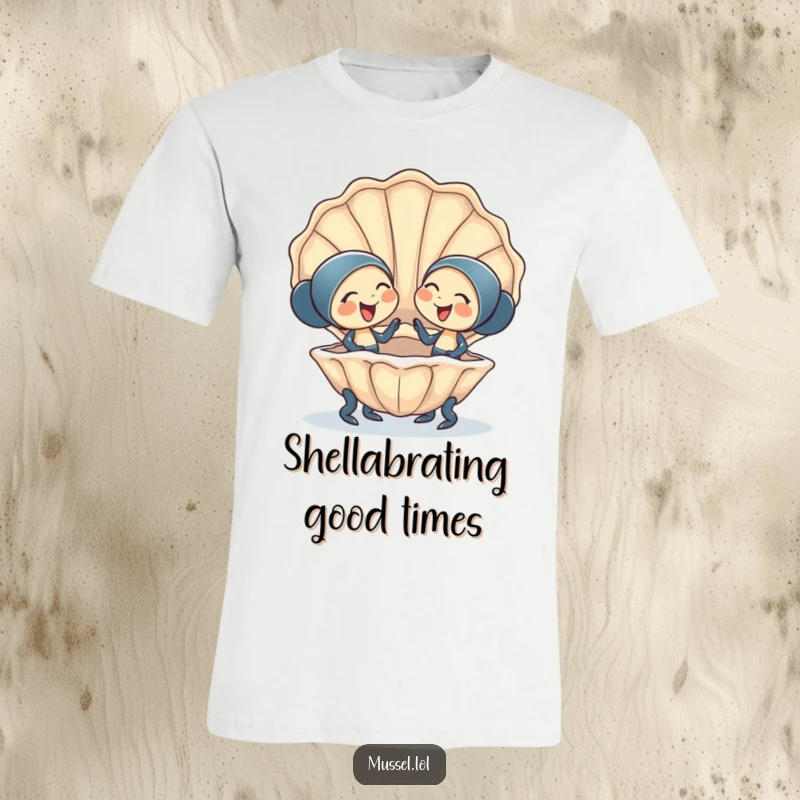 Funny T-Shirt: Two happy mussel characters giggling together while sharing a giant clam shell, celebrating friendship humor.