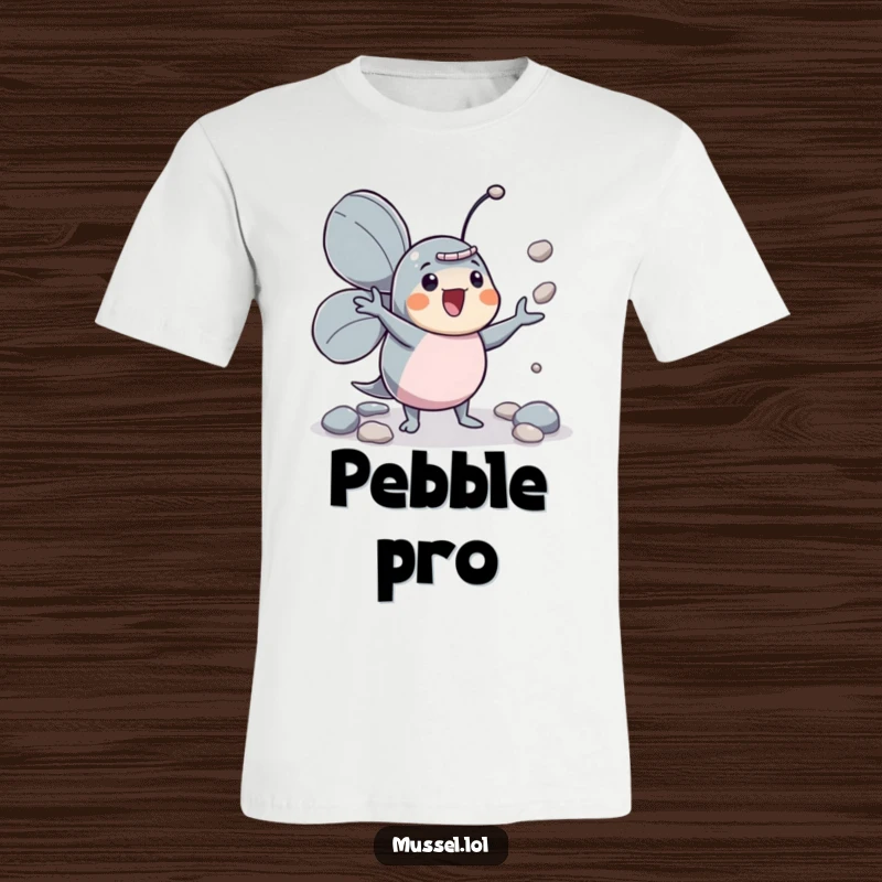 Funny mussel character enthusiastically juggling small pebbles on a t-shirt, showcasing playful energy.