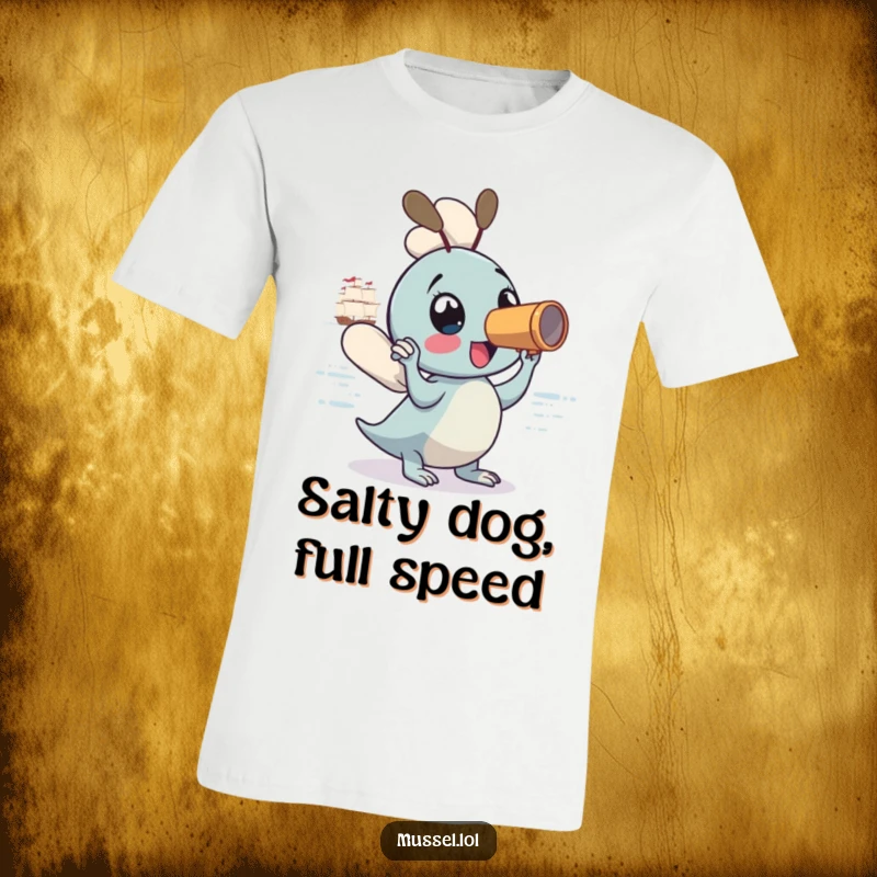 Funny Mussel T-Shirt: A cheerful mussel with a spyglass eagerly gazes at a ship on the horizon, a symbol of adventure.