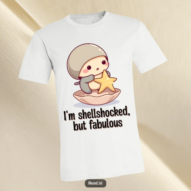 Funny mussel t-shirt showcasing a comical mussel struggling to balance a small starfish on its shell, radiating lighthearted fun.