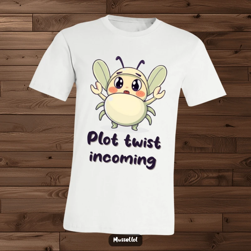 Funny t-shirt depicting a startled mussel with big eyes, observing a tiny crab that is happily waving, a comical scene.