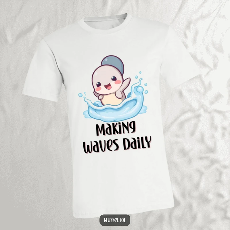 Funny Mussel Wave Splash T-Shirt: A vibrant mussel cartoon character gleefully splashing in a miniature ocean wave, radiating pure happiness.