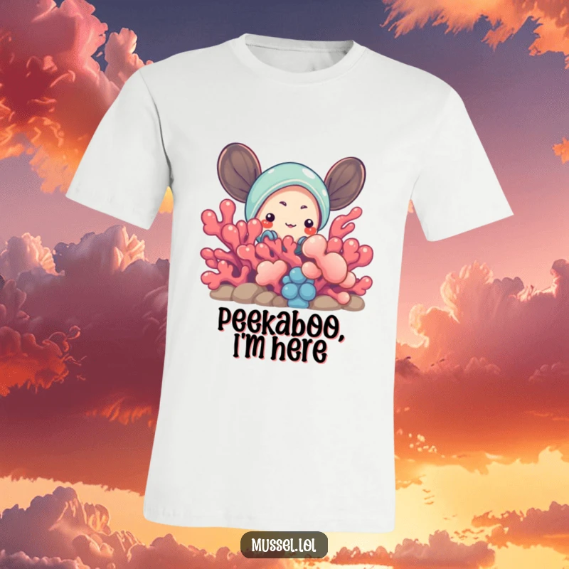 Funny Mussel T-Shirt: A comical mussel character peeking out from vibrant coral, embodying curiosity and a playful sense of discovery.