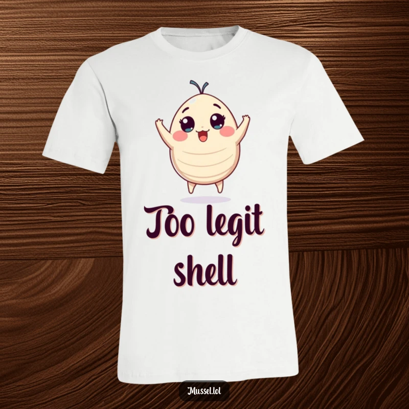 Funny plump mussel character with wide eyes jumping with pure excitement, a comfortable and humorous t-shirt.