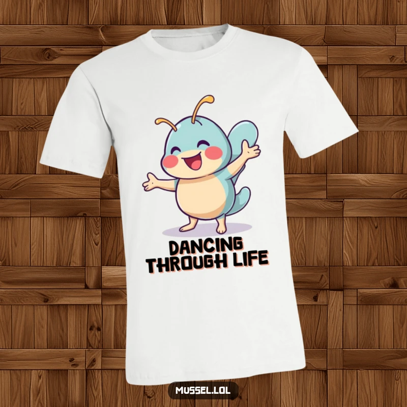 Funny t-shirt featuring a cheerful mussel character busting a move with a happy shimmy dance, celebrating joy and movement.