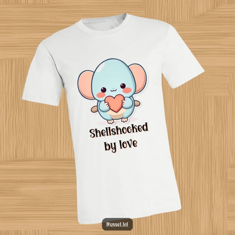 Funny Mussel T-Shirt: A shy mussel character shyly offers a small heart, perfect for expressing love with a humorous touch.