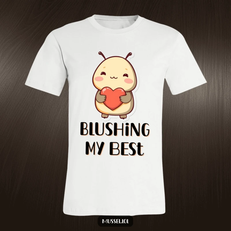 Funny t-shirt depicting a shy mussel blushing brightly while holding a heart, symbolizing sweet, bashful love and affection.