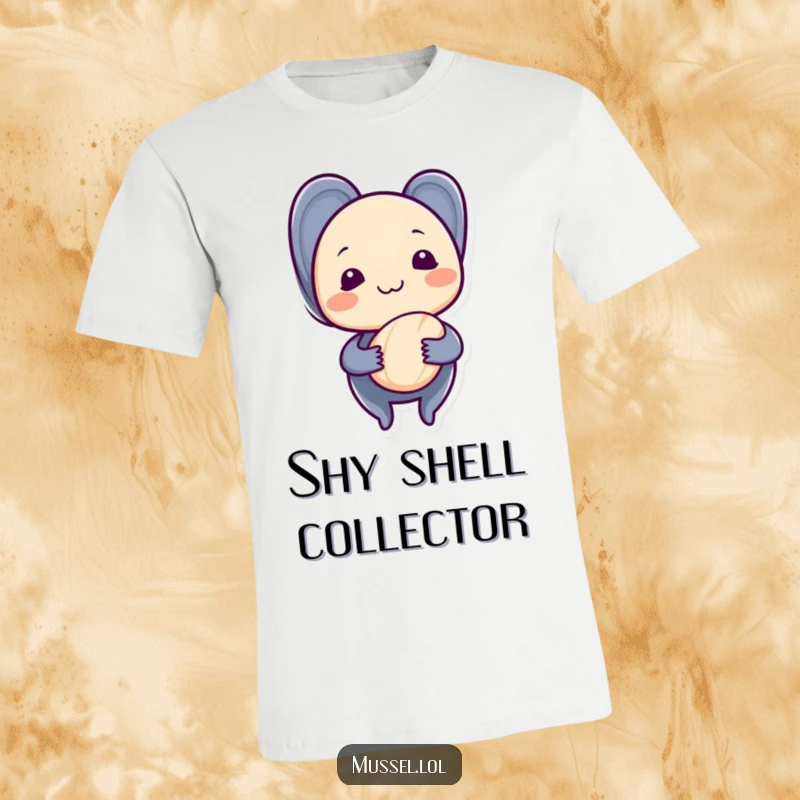 Funny mussel character with a shy grin, holding a seashell, printed on a soft t-shirt, perfect for lovers of gentle humor.