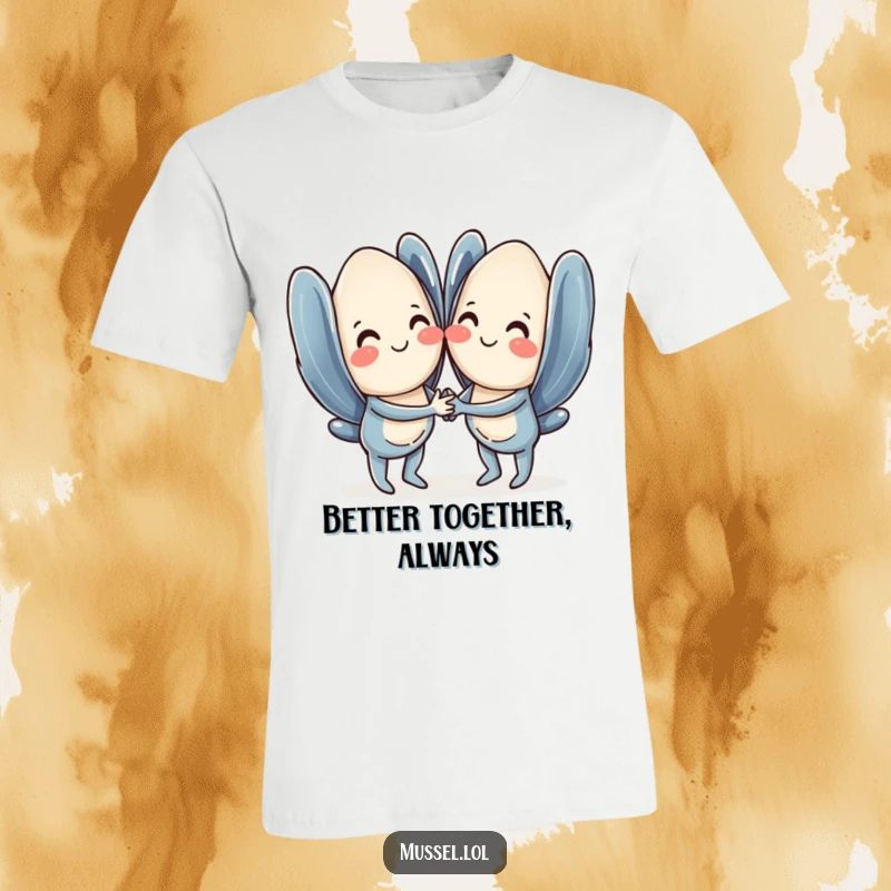 Funny mussel t-shirt featuring two smiling mussels holding hands, a symbol of sweet, humorous affection.