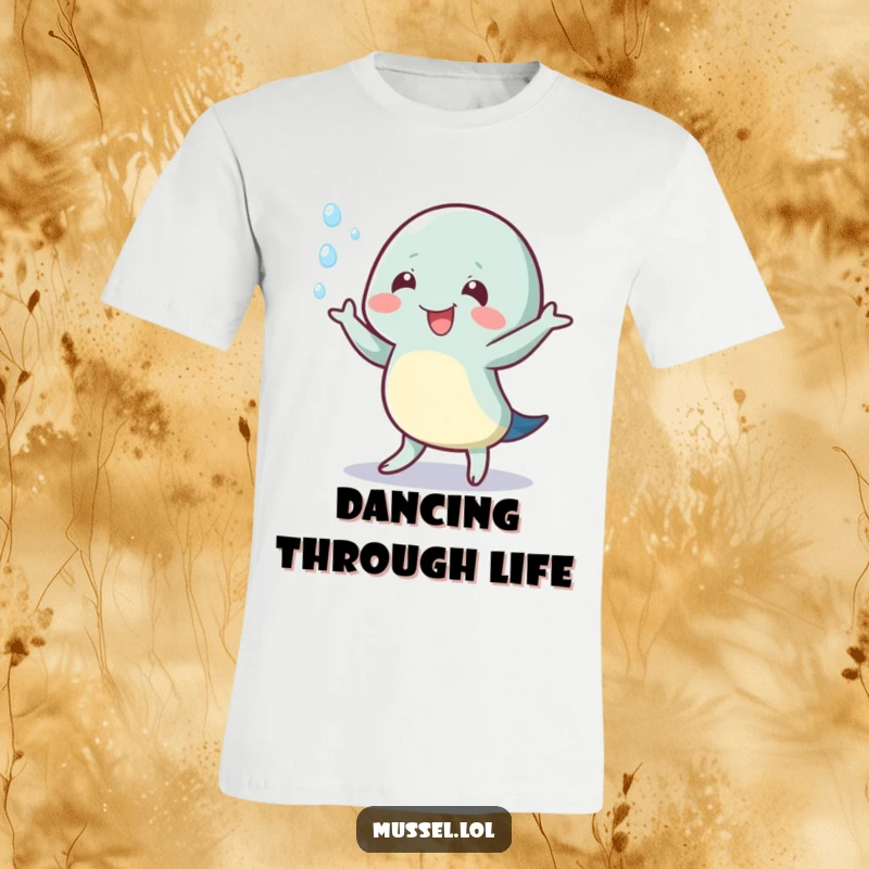 Funny t-shirt depicting a mussel character performing a happy wiggle dance, with water droplets splashing around.