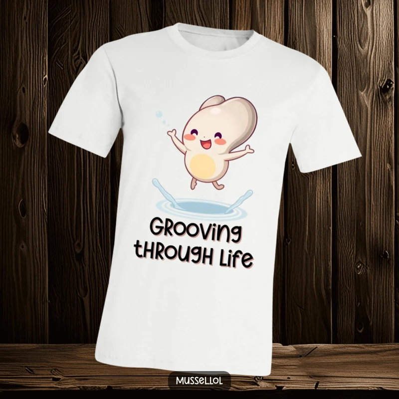 Funny mussel t-shirt of a character joyfully dancing with little legs and a tiny splash, conveying pure happiness.