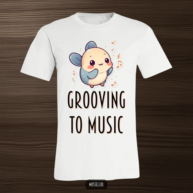 Funny mussel character surrounded by small musical notes on a t-shirt, a humorous and artistic design.
