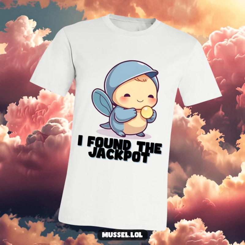 Funny t-shirt featuring a mussel character holding a small, shiny pearl, celebrating treasures and elegant humor.