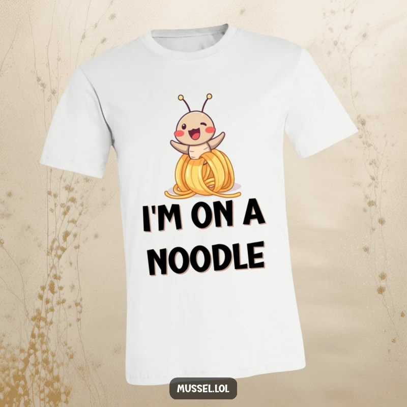 Funny t-shirt depicting a happy mussel character gleefully riding down a spaghetti noodle with sheer delight and carefree abandon.